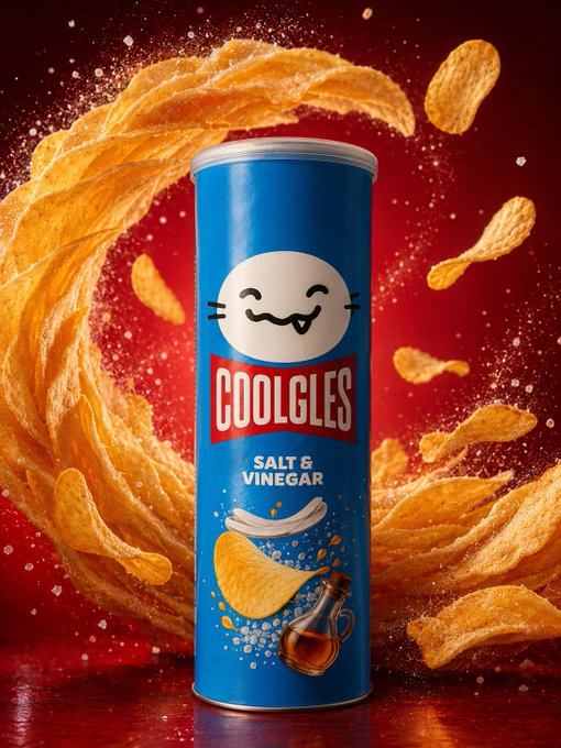A product photo of a blue cylindrical Pringles-style can labeled 'COOLGLES SALT & VINEGAR' featuring a cartoon cat face, surrounded by flying chips against a red background.