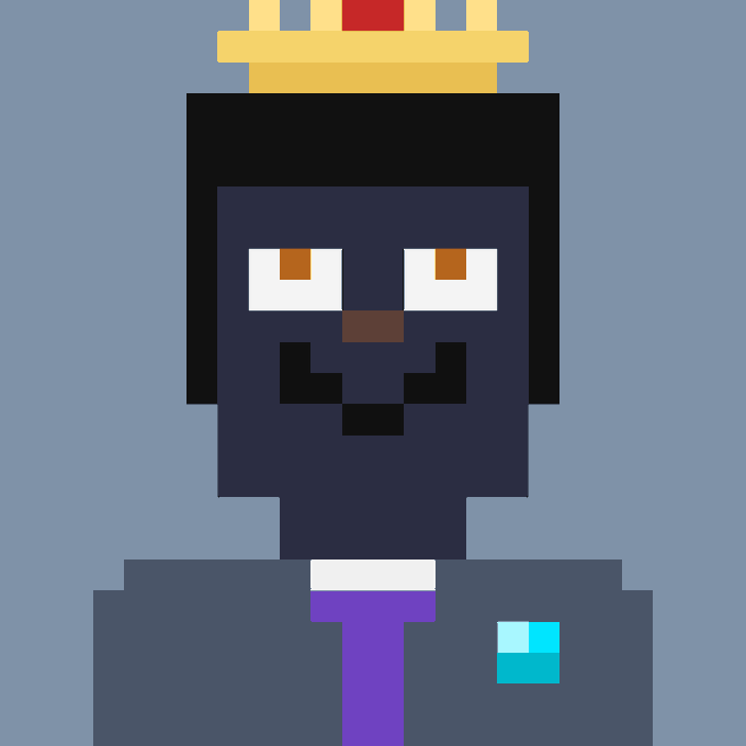 A pixel art illustration of a dark-skinned character wearing a golden crown with a red gem, dressed in a gray suit with a purple tie and a blue pocket square.
