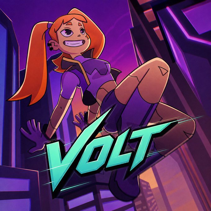 Promotional artwork for 'VOLT' featuring an animated character with orange hair in a purple outfit against a purple cityscape background.