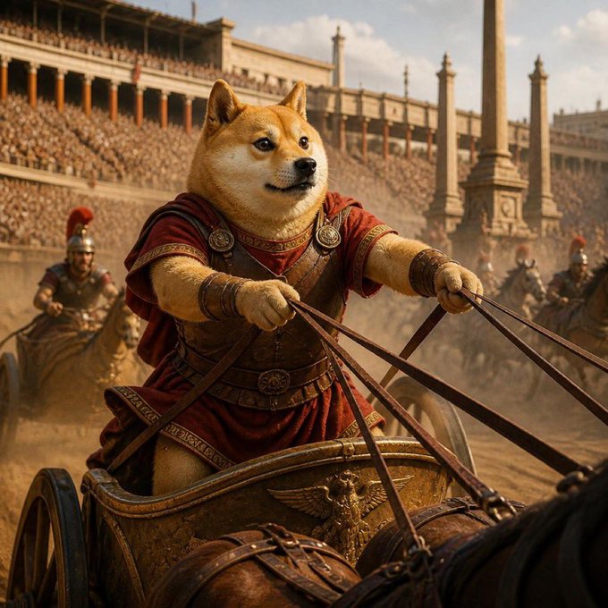 The image features a dog dressed as a Roman soldier, sitting atop a horse-drawn carriage with a mannequin or statue of a person holding a sword. The scene appears to be set at an event or gathering where people are watching the dog in its costume and taking pictures. The caption for this image reads: "time to make it count @elonmusk his friends are posting about Dogeus Maximus he is gonna reply to a post and he will shill it the narrative is purely too big to let it stay between these levels probably last chance before the whole CT gonna be on it $DOGEUS".