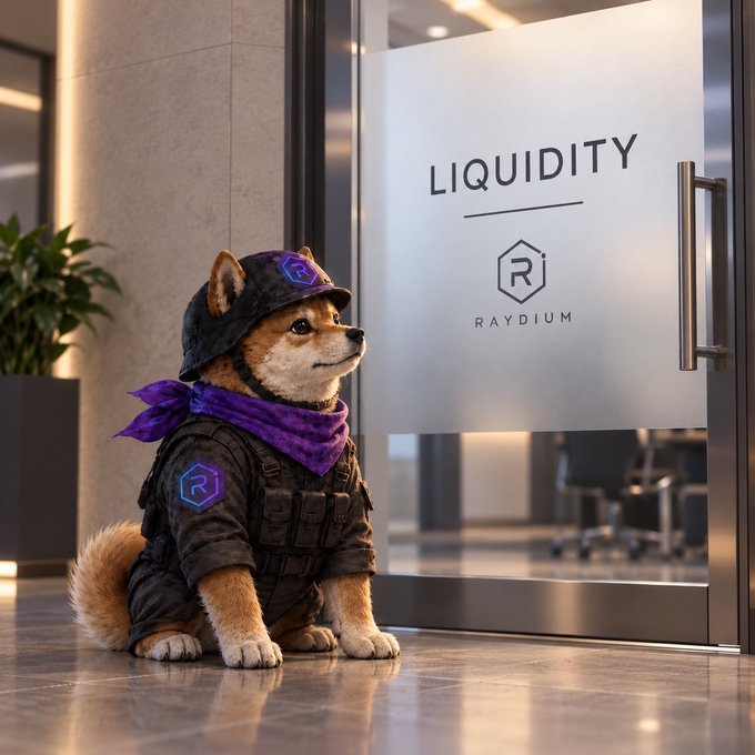 A Shiba Inu dog dressed in tactical gear with purple accents sits outside a glass door labeled "LIQUIDITY" and "RAYDIUM" with a hexagonal "R" logo.