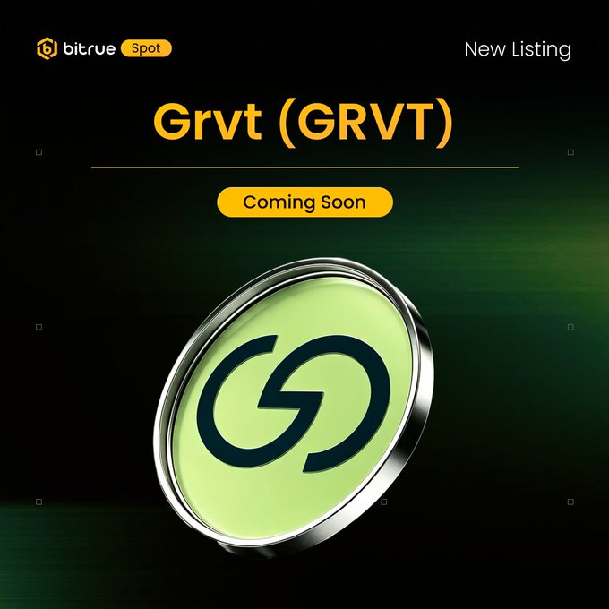 The image is a Bitrue promotional graphic announcing the upcoming listing of Grvt (GRVT) token on Bitrue Spot, featuring the project's green circular logo with a stylized "G" against a dark background, with "Coming Soon" highlighted in a yellow button.