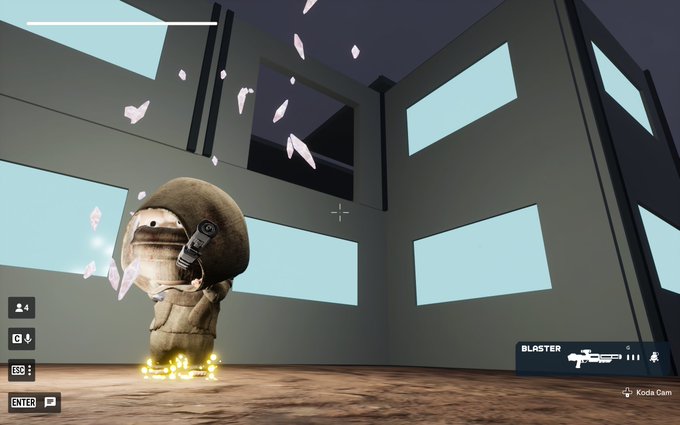 A first-person view from a video game shows a small, round, beige creature holding a weapon, standing on glowing yellow liquid with pink crystal shards floating around it.