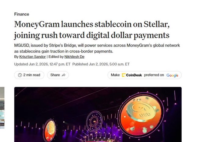 A news article headline reading 'MoneyGram launches stablecoin on Stellar, joining rush toward digital dollar payments' with a subhead mentioning 'MGUSD, issued by Stripe's Bridge'.