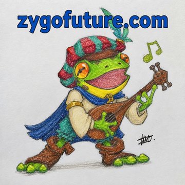 Illustration of an anthropomorphic frog dressed as a bard in a red and green striped hat and cape, playing a lute with musical notes, branded with 'zygofuture.com' text in blue.