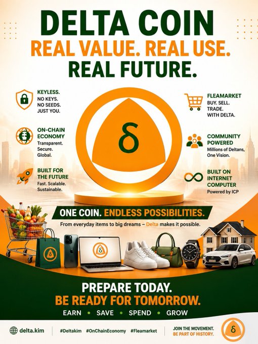 A promotional graphic for "DELTA COIN" with the tagline "REAL VALUE. REAL USE. REAL FUTURE." featuring the Delta symbol (δ) and highlighting features like Keyless security, On-Chain Economy, Fleamarket, and Community, while showcasing everyday items (groceries, phone, laptop, sneakers, handbag, watch, car, and house) to emphasize its role as a practical currency for earning, saving, spending, and growing—reinforcing the post's message that Delta's large supply is not a flaw since, like fiat currencies with trillions of units, its value comes from real-world utility and adoption rather than scarcity.