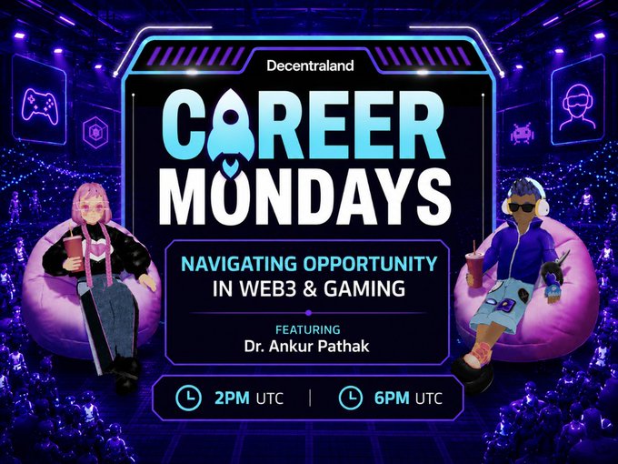 The image features two cartoon characters, a man and a woman, sitting on bean bag chairs with their backs facing each other. They are surrounded by various gaming elements such as game controllers and a video game screen. The background of the image is blue with neon lights, giving it a futuristic appearance. Below them, there is text that reads "Navigating opportunity in web3 & gaming" and mentions two events happening at 2pm and 6pm.