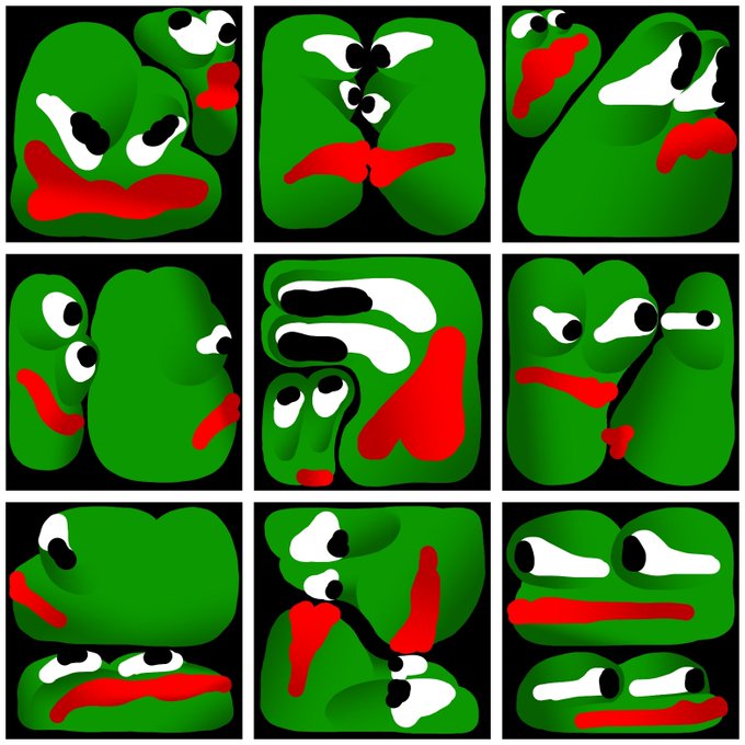A 3x3 grid of nine cartoon frog face illustrations with various green, red, and white expressions.