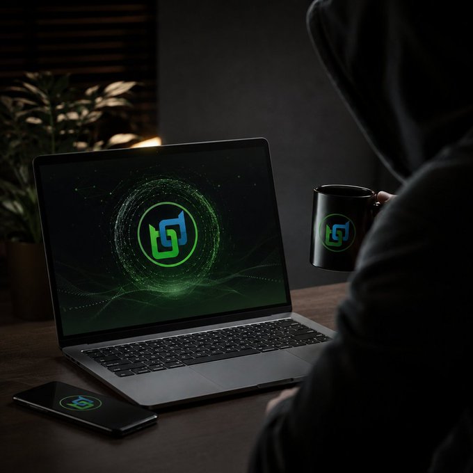 A hooded figure sits at a wooden desk in a dark room holding a black mug, with a laptop and smartphone displaying a green and blue interlocking logo on their screens.