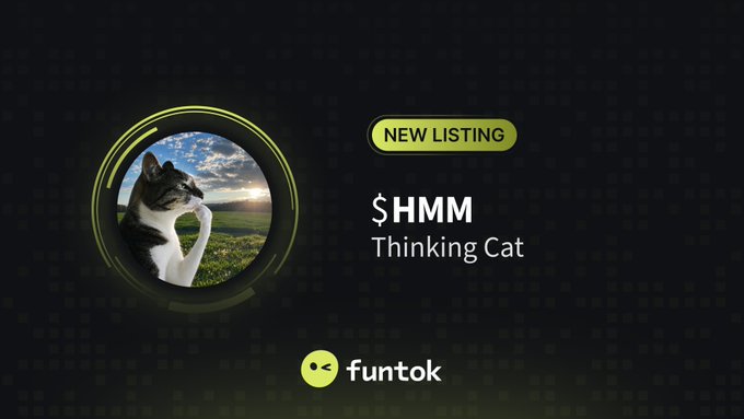 A promotional graphic for a new meme coin called 'Thinking Cat' (HMM) on the Funtok platform, featuring a cat posing like Rodin's 'The Thinker'.
