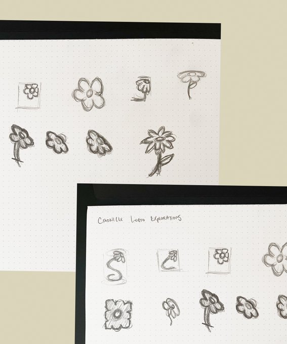 Hand-drawn sketches on dotted notebook paper titled 'Camille Locko Explorations' featuring various small flower illustrations.