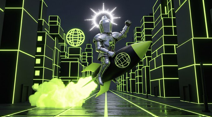 A retro digital 3D render of a knight riding a green rocket through a neon-outlined cityscape.