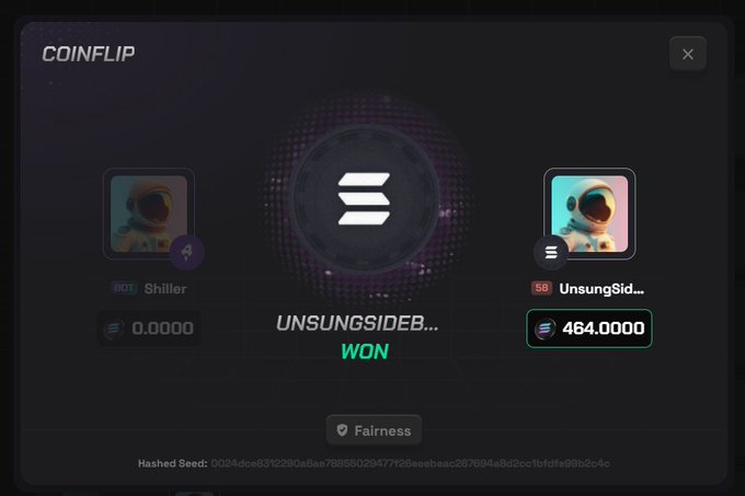 A Coinflip game result screen shows player "Shiller" (0.0000 SOL) losing to "UnsungSid..." who WON 464.0000 SOL ($35,327.88), with the fairness hash displayed at the bottom confirming the verified outcome of the high-stakes 50/50 SOLPUMP wager.