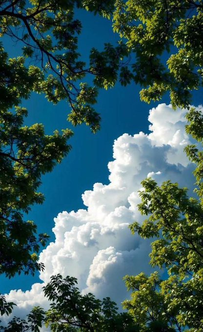 A view looking up through lush green tree branches at a vivid blue sky dominated by a large, billowing white cumulus cloud. The bright, fresh imagery captures a sense of optimism and renewal, perfectly matching the upbeat "GM and happy new week" greeting with its clear skies and vibrant natural scenery.