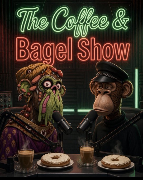 A neon sign reads "The Coffee & Bagel Show" above two Bored Ape Yacht Club NFTs seated at a podcast table with coffees and bagels, fitting the post's invitation for BAYC members to join the broadcast.