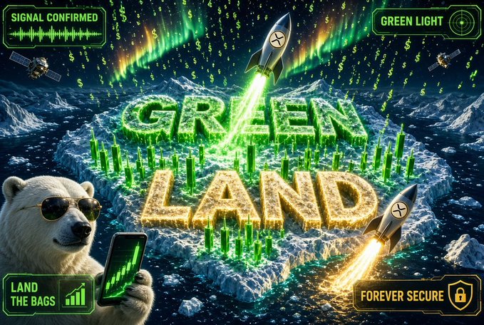 A polar bear holding a chart gazes at glowing "GREEN LAND" text formed atop an icy landscape, while rockets blast off amid auroras and falling dollar signs, with overlays reading "SIGNAL CONFIRMED," "GREEN LIGHT," "LAND THE BAGS," and "FOREVER SECURE"—visually riffing on the post's playful "greenland" launch-code metaphor for bullish $XRP momentum.