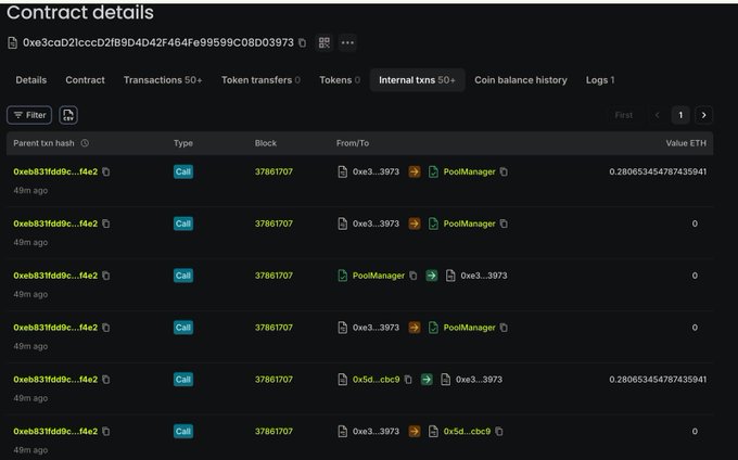 An Etherscan contract details page showing multiple recent Call transactions between addresses and PoolManager with values in ETH.