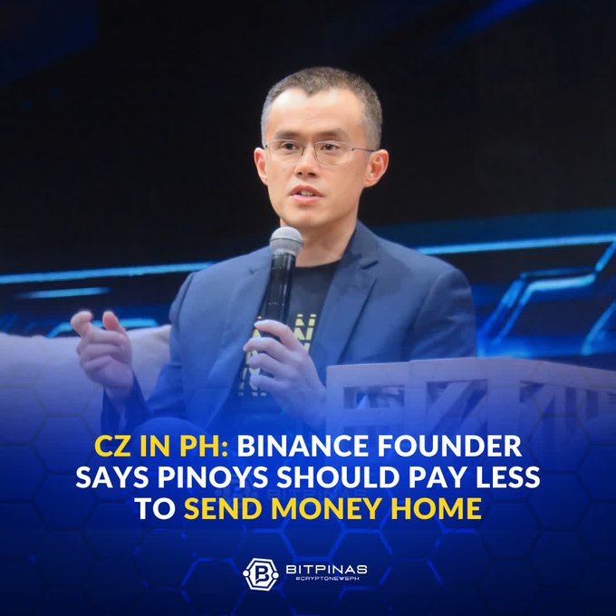 A man with glasses in a blue suit speaks into a microphone at a conference, with a news graphic below stating 'CZ IN PH: BINANCE FOUNDER SAYS PINOYS SHOULD PAY LESS TO SEND MONEY HOME' from BitPinas.