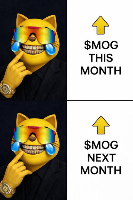 A two-panel meme featuring a yellow cat character wearing rainbow sunglasses with '$MOG THIS MONTH' and '$MOG NEXT MONTH' written below yellow upward arrows.
