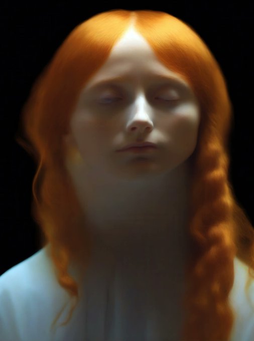 A portrait of a serene figure with flowing red hair and closed eyes against a dark background, embodying the ethereal, contemplative aesthetic of Holly Herndon and Mat Dryhurst's "x | o 56" piece from their CLASSIFIED NFT collection on OpenSea.