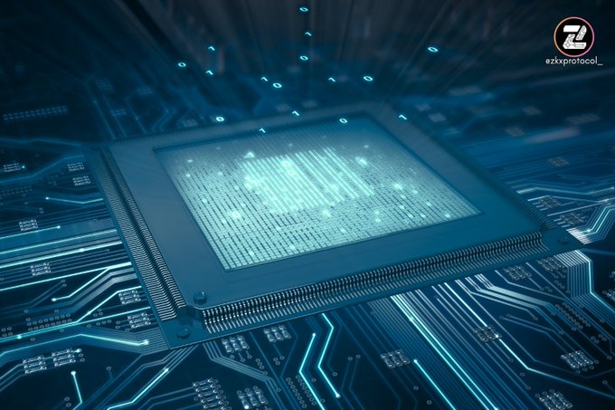 Digital artwork of a glowing blue microchip on a circuit board with binary code particles floating above, branded 'eZxProtocol' in the top right corner.
