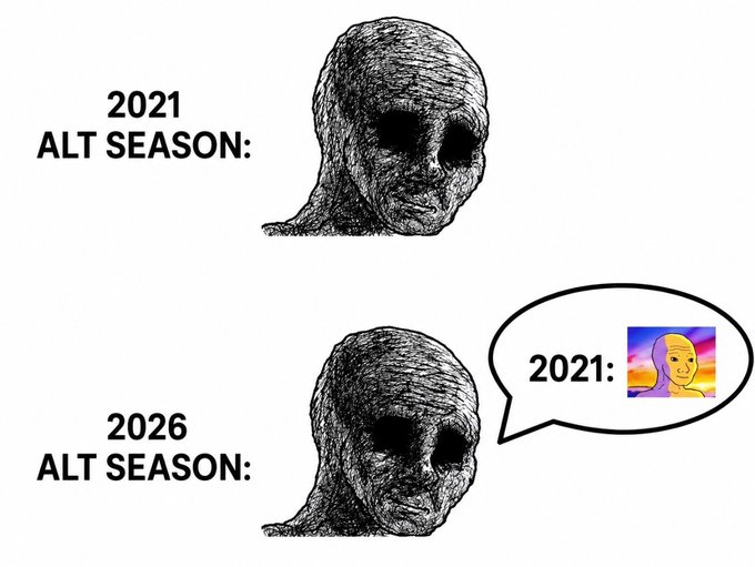 This meme contrasts the "Alt Season" of 2021, depicted as a bright and hopeful Wojak, with the "Alt Season" of 2026, shown as a bleak and despairing Wojak.