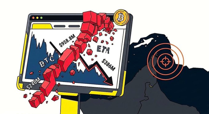 In this digital illustration, there's an illustration of a computer screen showing a downward trend line for Bitcoin, with a red dollar symbol that says "btc" falling below it. The Bitcoin price has dropped sharply, and there's a target bullseye with an arrow pointing towards it in the lower right corner of the image. At the bottom left, there is text explaining this visual representation of crypto volatility and the market crash caused by the pandemic.