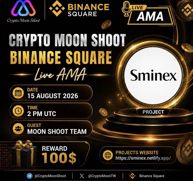 A promotional graphic for a "Crypto Moon Shoot Binance Square Live AMA" event featuring the "Sminex" project, scheduled for 15 August 2026 at 2 PM UTC, with a $100 reward and the website sminex.netlify.app.