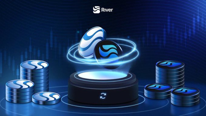 The image shows the River logo prominently displayed at the top, with two stylized coin icons featuring wave designs floating above an illuminated circular platform, surrounded by stacks of branded coins on a dark blue background with subtle chart patterns. A small recycle/refresh icon appears on the front of the central platform, symbolizing the seamless flow and circulation of stablecoins across chains. This visual reinforces the post's message about River building chain abstraction technology now, with the central platform representing the unified layer that makes stablecoin liquidity move effortlessly between different blockchain ecosystems rather than waiting for it to become a trend.