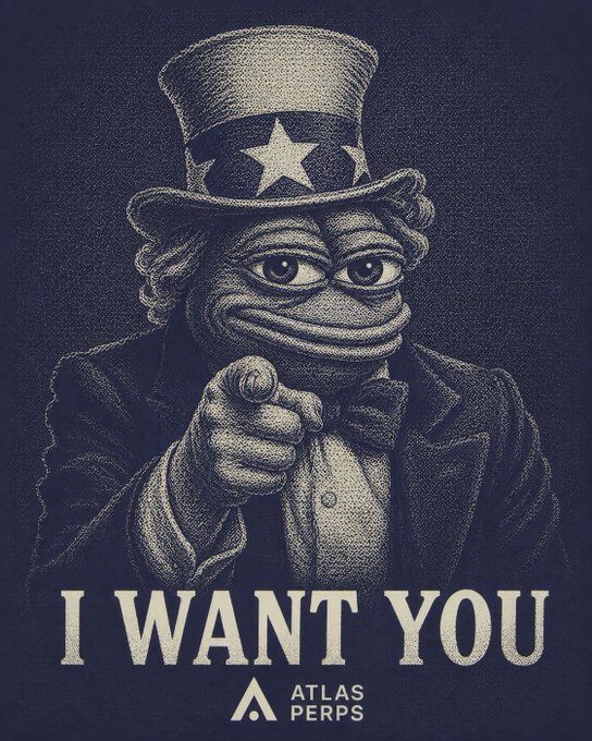 A parody of the classic 'I Want You' Uncle Sam recruitment poster featuring a Pepe the Frog character wearing a stars-and-stripes top hat, with 'I WANT YOU' text and 'ATLAS PERPS' branding below.