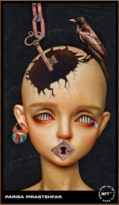 Surreal digital art piece by Parisa Pirastehfar showing a bald, doll-like figure with a key in a hole on its head, a crow perched on top, a padlock earring, and a diamond-shaped keyhole over its mouth, marked as an NFT.