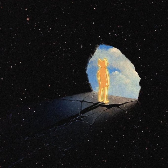 A surreal illustration of a glowing orange, cat-like figure standing on a cracked surface, looking through an opening toward a bright, cloudy blue sky set against a starry background.