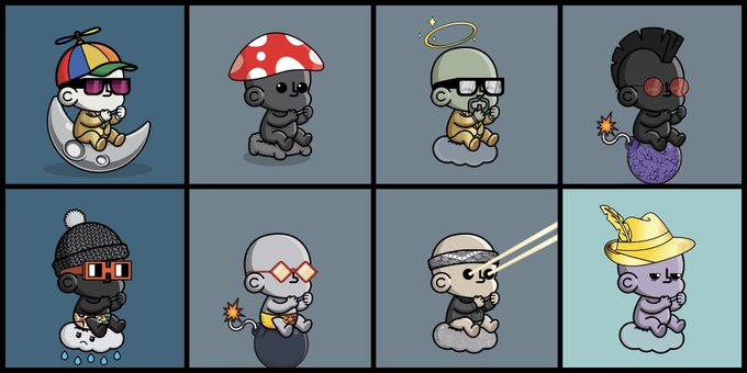 A grid of eight cartoon-style baby characters with various unique accessories including a propeller hat, mushroom cap, halo, mohawk, winter beanie, sunglasses, laser eyes, and unicorn hat.