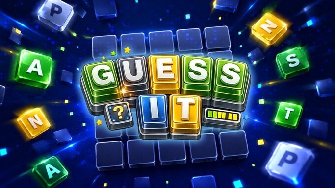 Promotional artwork for the mobile game 'Guess It', showing colorful letter tiles against a blue background.