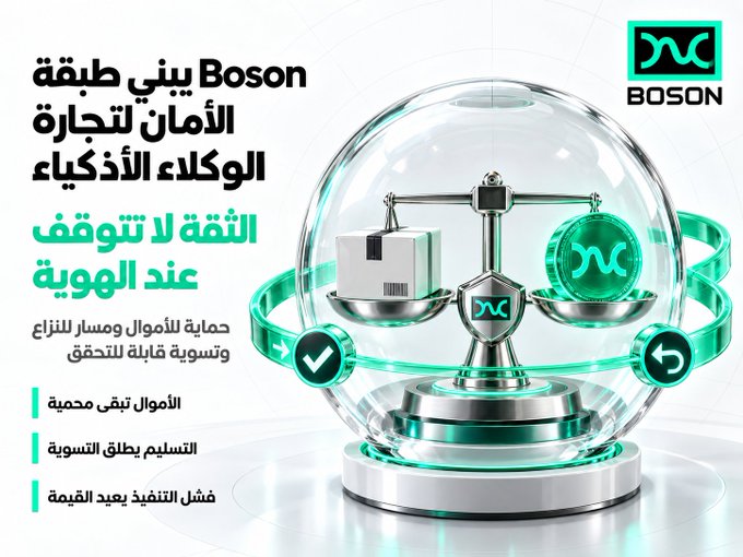 A promotional graphic for Boson Protocol featuring a futuristic 3D illustration of a package and Boson coin balanced on a scale inside a glass sphere, alongside Arabic text reading "Boson بني طبقة الأمان لتجارة الوكلاء الأذكياء" (Boson builds the security layer for smart agent commerce) and "الثقة لا تتوقف عند الهوية" (Trust doesn't stop at identity), highlighting features like fund protection, on-chain escrow, and fiat settlement via remote auditing—all reinforcing the post's message about Boson's role in advancing "Know Your Agent" standards for agentic AI commerce alongside major players like Visa, Mastercard, and Ant.
