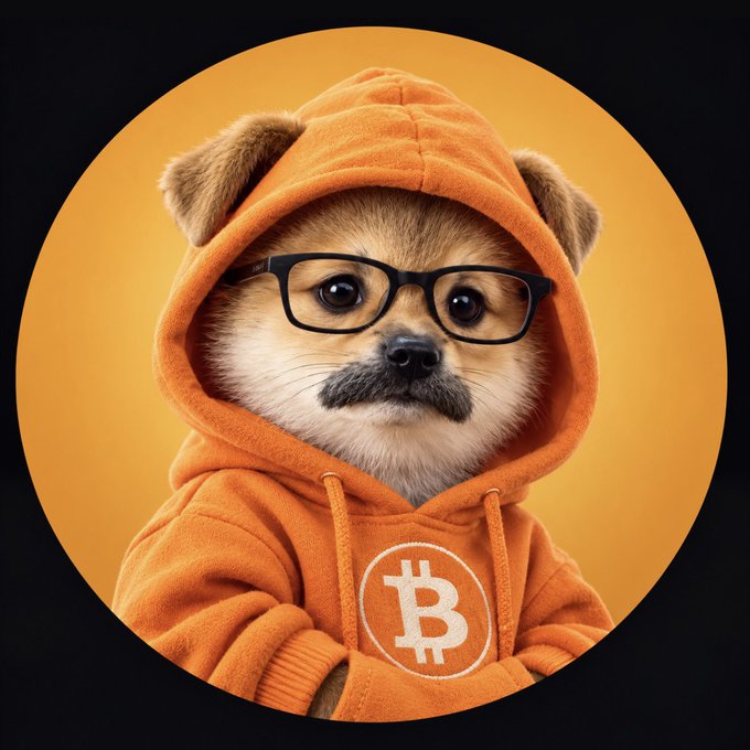 A circular digital illustration of a Shiba Inu dog wearing black glasses and an orange hoodie with a Bitcoin symbol on it.