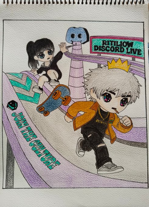 A hand-drawn sketch in a notebook depicting anime-style characters at a skate park with text reading 'RITHLOW DISCORD LIVE' and 'JOIN THE CULTURE'.