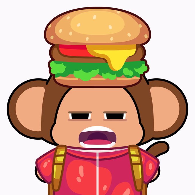 A cartoon illustration of a brown monkey wearing a red outfit, with a large hamburger resting on top of its head.