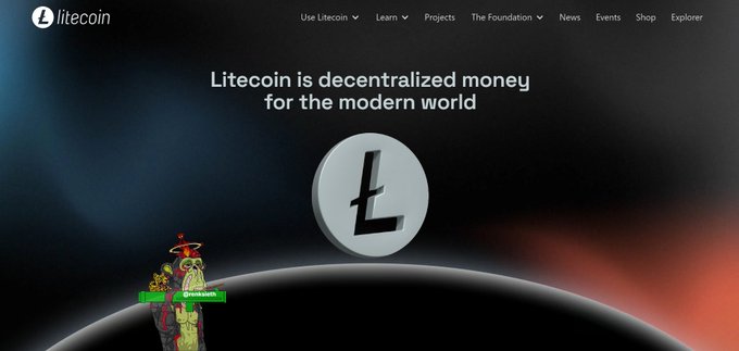A screenshot of the Litecoin website displaying the text 'Litecoin is decentralized money for the modern world' alongside the 'L' logo and a price ticker showing '4.18% Glassesman'.