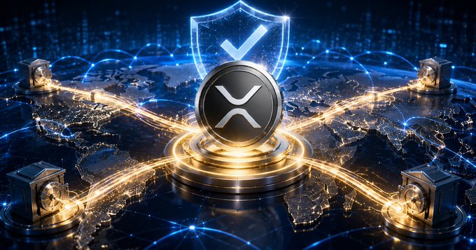 A glowing XRP coin sits atop a world map encircled by a protective shield and interconnected golden data streams, symbolizing global reach and security. The imagery visually reinforces the post's narrative of XRP's journey toward a $1.36 price and $84 billion market cap as a serious blockchain payment solution, not a meme coin.