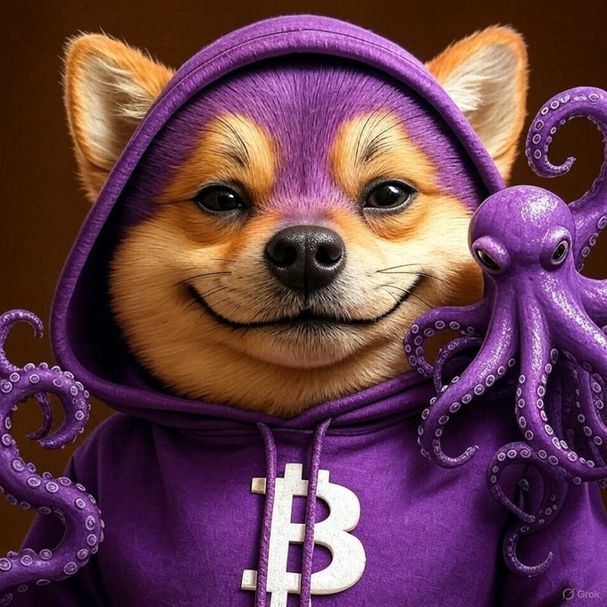 An AI-generated image (labeled 'Grok') of a smiling Shiba Inu dog wearing a purple hoodie with a Bitcoin 'B' logo, flanked by purple octopuses.