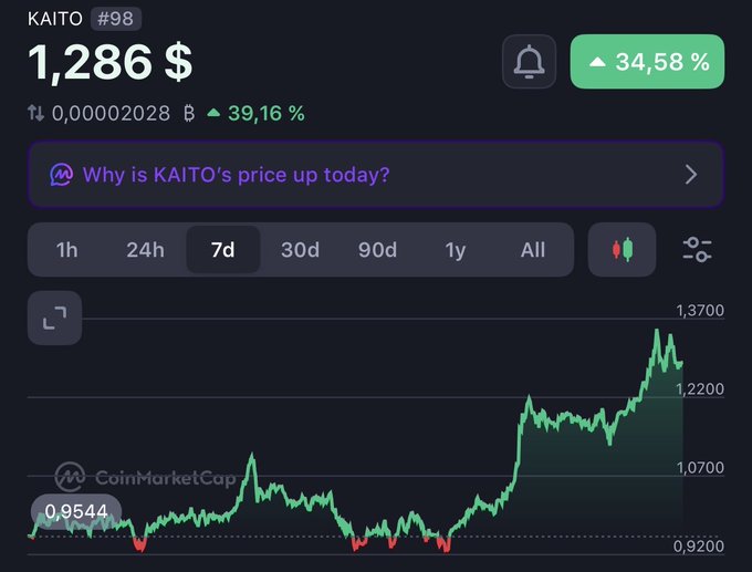 A CoinMarketCap chart shows KAITO (#98) trading at $1,286, up 34.58% over 7 days and 39.16% on the day, with the price climbing sharply from around $0.95 to a peak near $1,370—visually reinforcing the post's claim that KAITO holders are outperforming other crypto investors.