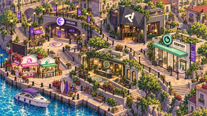 A vibrant isometric pixel-art illustration of a coastal town featuring shops with signs reading 'INKSIDE', 'NAGO', and 'SENTRY', complete with a harbor holding a white yacht.