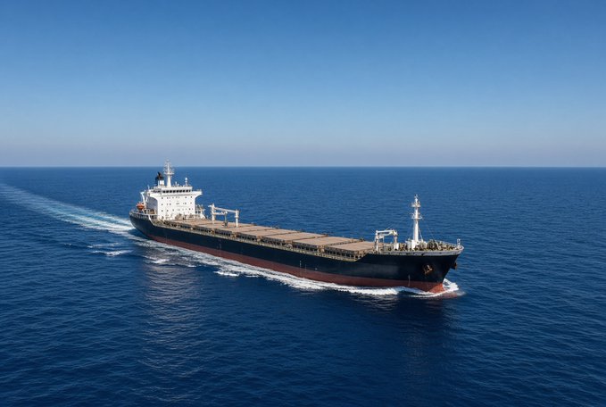 An aerial view of a large cargo ship sailing across a vast blue ocean under a clear sky.