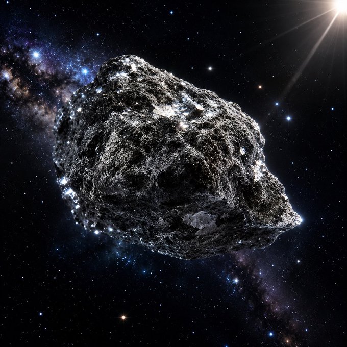 A rugged asteroid floats through deep space against a backdrop of stars and the Milky Way, illuminated by a bright sun. The image evokes the post's "raise your targets… to the moon" sentiment, symbolizing bold ambition and aiming for extraordinary goals beyond ordinary reach.