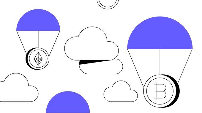 A digital illustration showing parachutes carrying Ethereum and Bitcoin coins descending among stylized clouds against a white background.