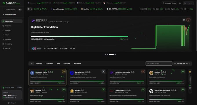 A screenshot of the Canopy analytics dashboard for LI Chain displays the HighWater Foundation as the #1 highlighted token with a 175.71% 24h gain, showing a dramatic price spike on its chart, alongside other listed tokens like Facebook Finance, Dana Canopy, and Rouzze—contextualizing CNPY Network's role in surfacing high-performing AI-era web3 projects for developers.