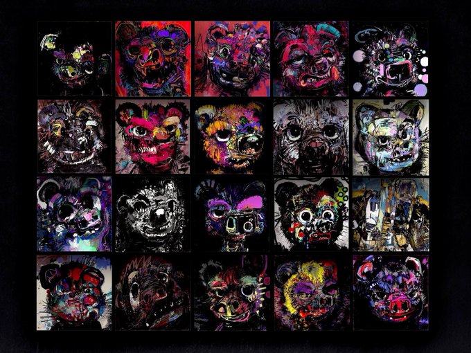 A dark grid of 20 colorful, abstract paintings depicting distorted animal or creature faces in vivid reds, purples, and yellows.
