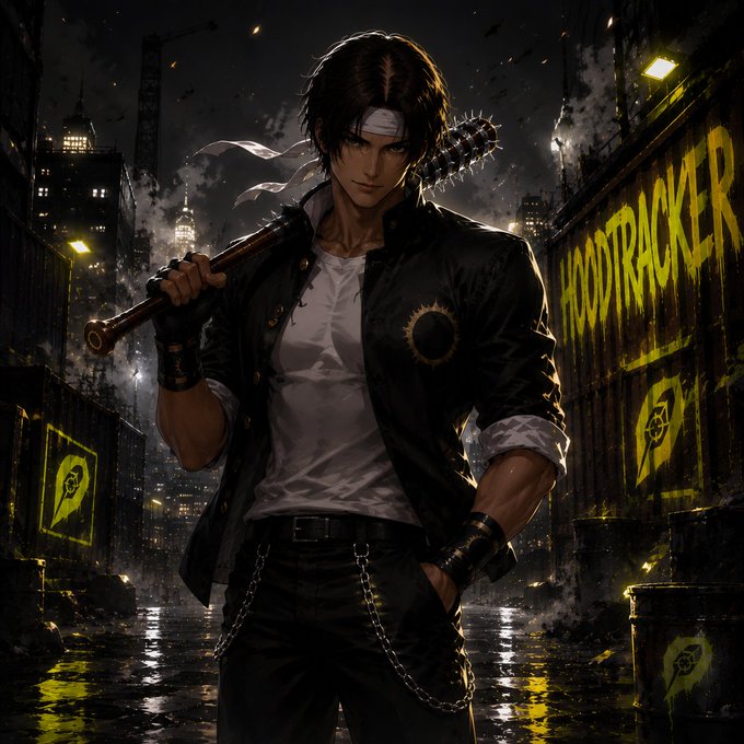 A digital artwork depicts a dark-haired anime character in a black jacket holding a spiked baseball bat over his shoulder, standing in a gritty urban alleyway. Graffiti on the wall reads 'HODLTRACKER.'
