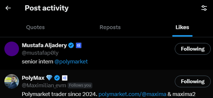 The image features a screenshot of an Instagram post, with the user liking another person's post. The post contains several mentions and likes from various people, and the likes button is displayed at the bottom of the post. In the description box below the post, there are references to Polymarket trader since 2014 and the word "following" next to a hashtag. This hints that the image might be related to an account where users can post pictures or share information about trading strategies for Polymarket traders. The photo in the image is captioned, which helps to provide context to the content of the picture.